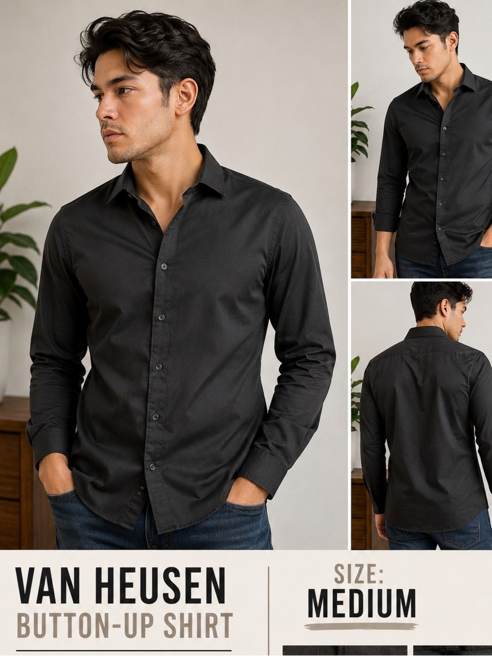 Van Heusen Charcoal black Button-Up Shirt MEDIUM
